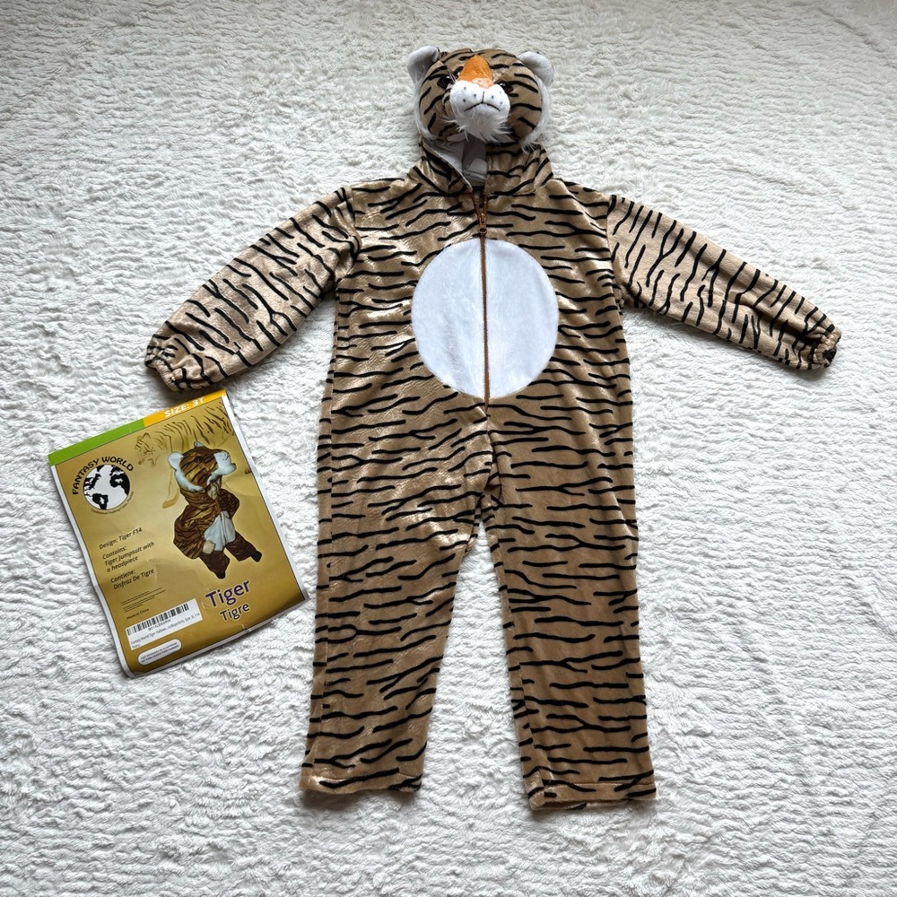 Tiger Halloween Costume Hooded Jumpsuit Boys Girls Kids 3T Toddler Jungle Animal